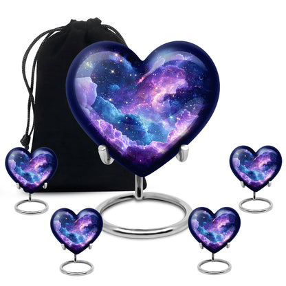 Misty Blue Galaxy Cremation Urn close-up of engraving and surface detail - loving heart memorial featuring galaxy pattern - memorial set with one large and four small urns