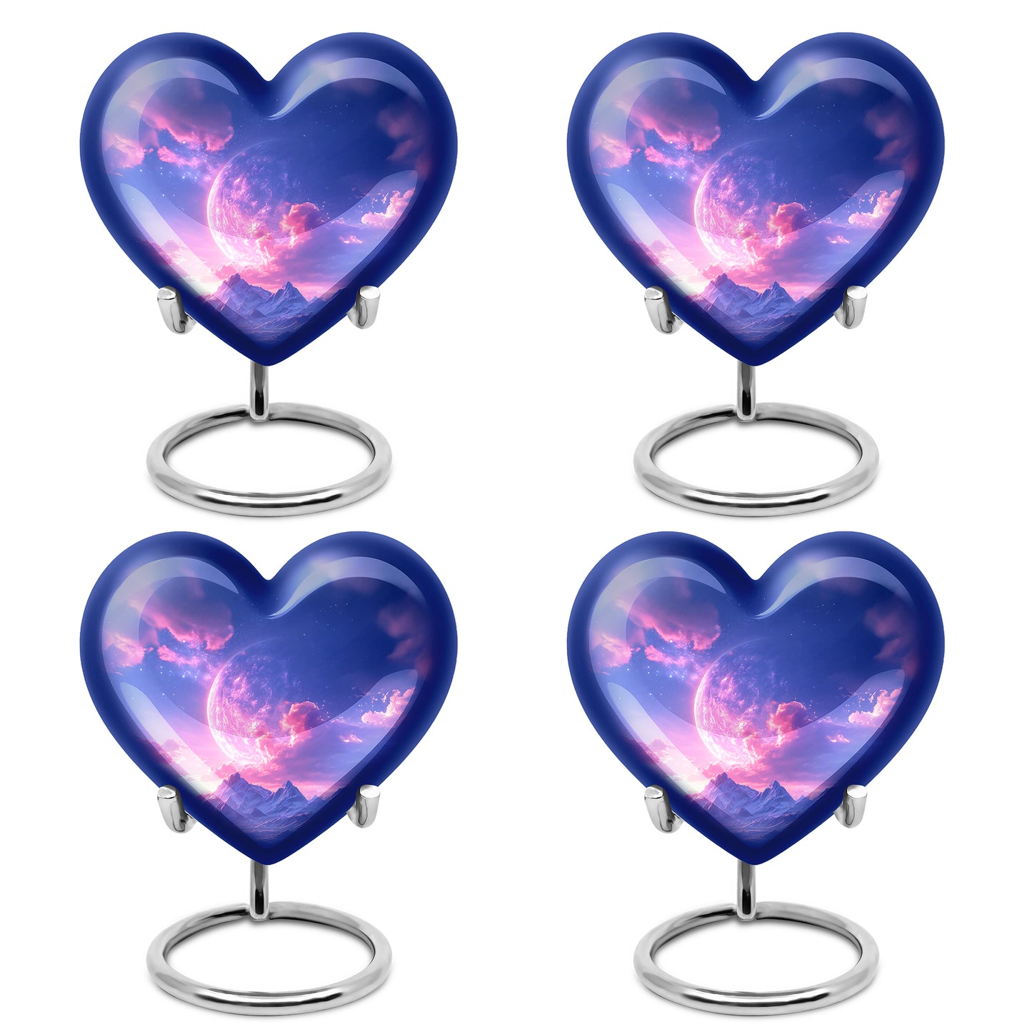 Cobalt Blue Galaxy Cremation Urn angled view of lid and engraved motif - romantic heart urn with galaxy motif on aluminum - 10 inch aluminum urn for cremated remains