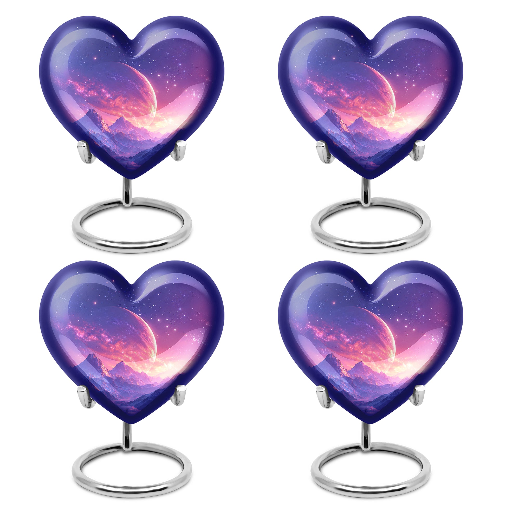 Bright Blue Galaxy Cremation Urn angled view of lid and engraved motif - romantic heart urn with galaxy motif on aluminum - 10 inch aluminum urn for cremated remains