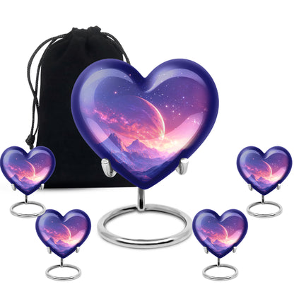 Cobalt Blue Galaxy Cremation Urn close-up of engraving and surface detail - compassionate heart-galaxy combination with gentle curves - memorial set with one large and four small urns