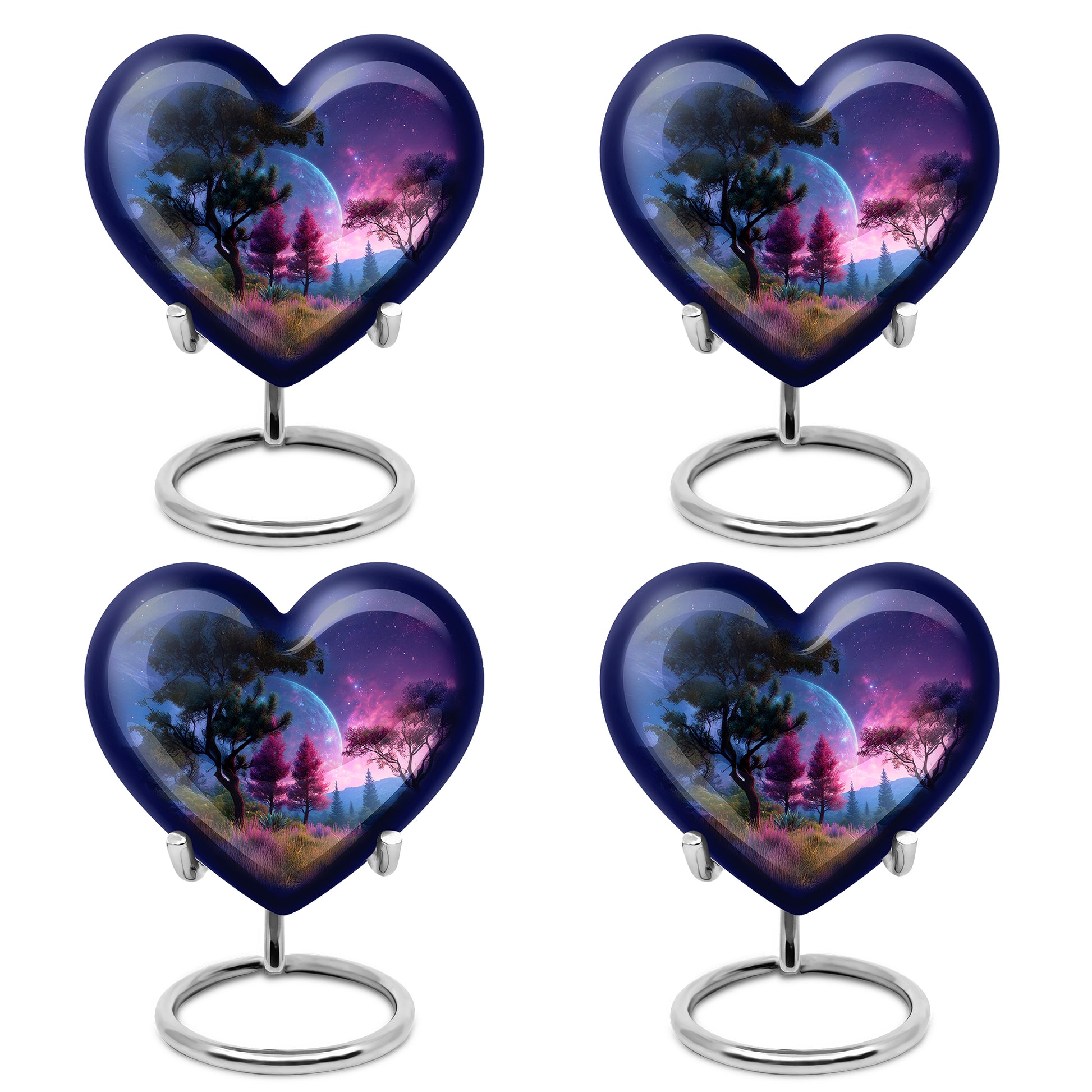 Celestial Blue Galaxy Cremation Urn angled view of lid and engraved motif - heart-shaped galaxy design symbolizing eternal love - 10 inch aluminum urn for cremated remains