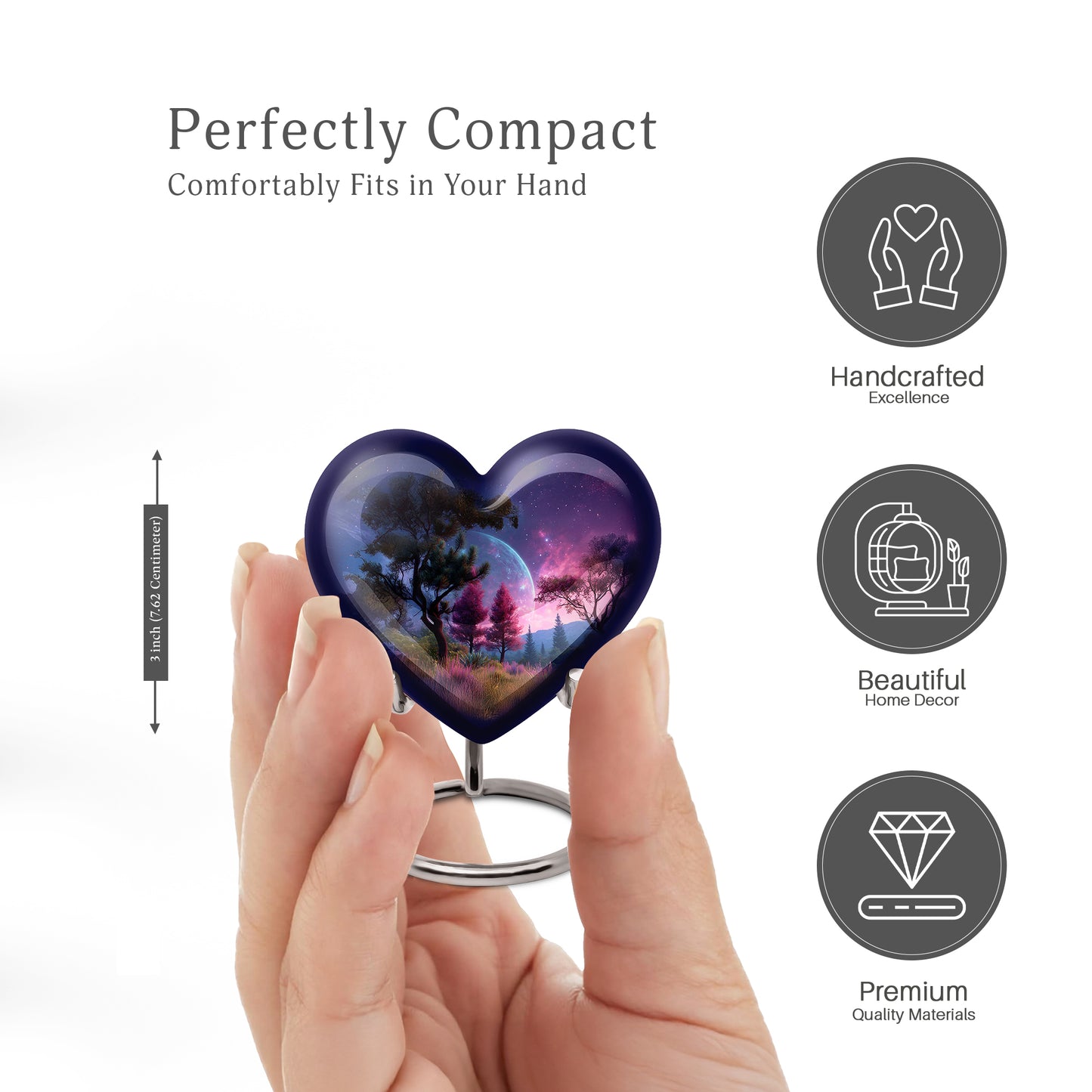 Serene Blue Galaxy Cremation Urn front view showing detailed design - romantic heart urn with galaxy motif on aluminum - mini keepsake memorial for portion of cremation ashes