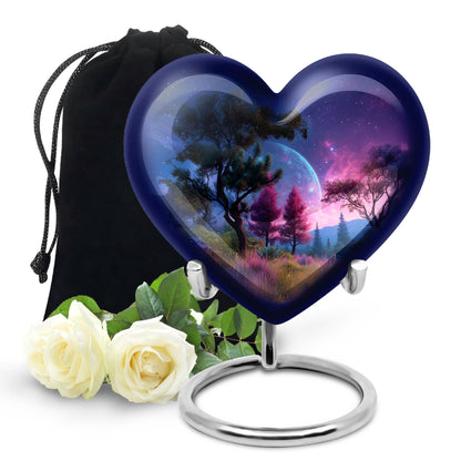 Sapphire Blue Galaxy Cremation Urn detail view - compassionate heart-galaxy combination with gentle curves - full-size 10 inch 200 cubic inch adult cremation urn
