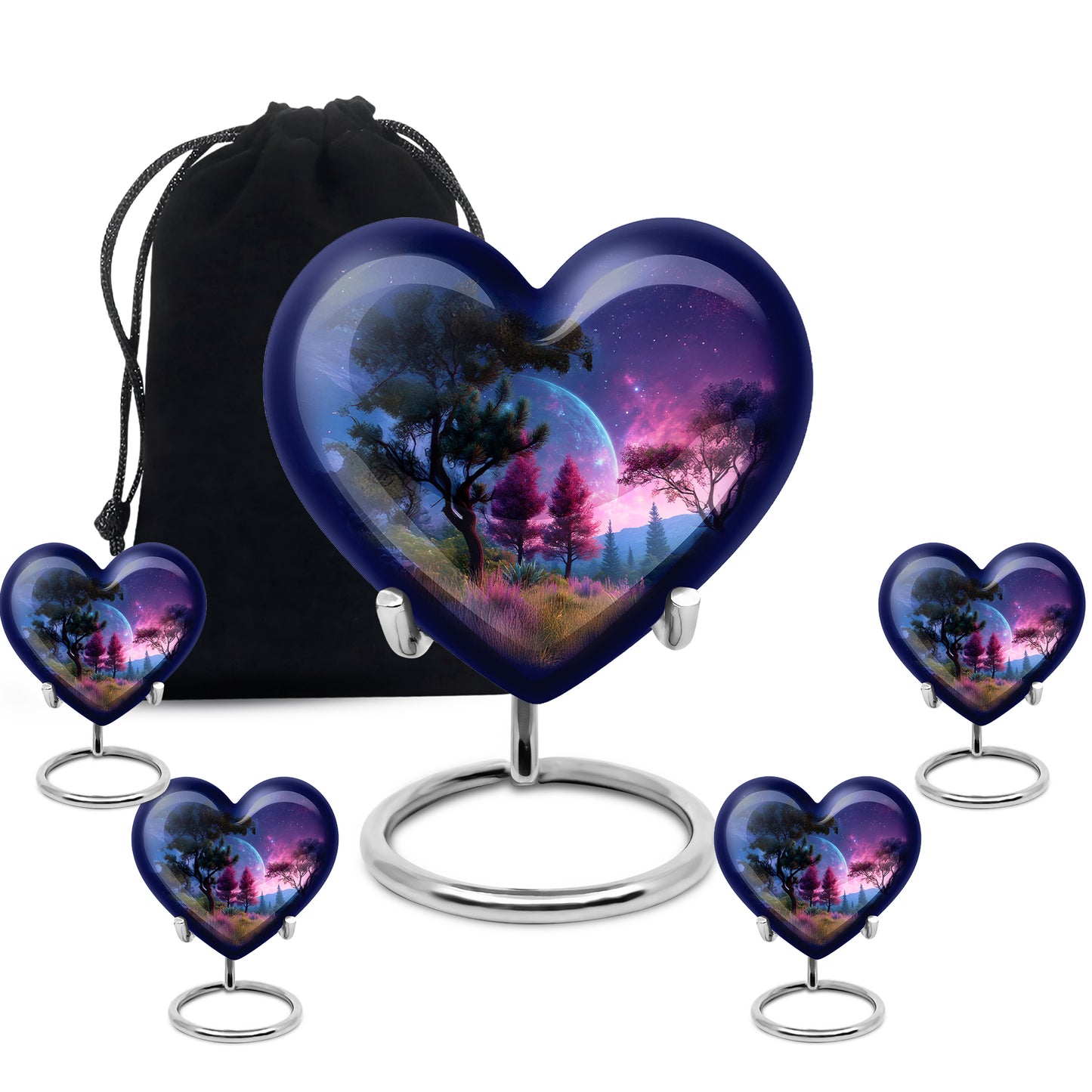 Sky Blue Galaxy Cremation Urn close-up of engraving and surface detail - heart-shaped galaxy design symbolizing eternal love - memorial set with one large and four small urns