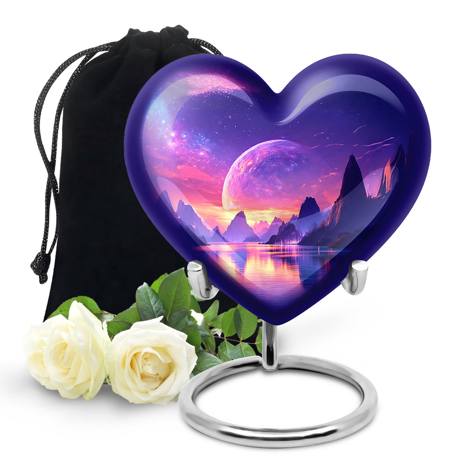 Misty Blue Galaxy Cremation Urn detail view - loving heart memorial featuring galaxy pattern - full-size 10 inch 200 cubic inch adult cremation urn