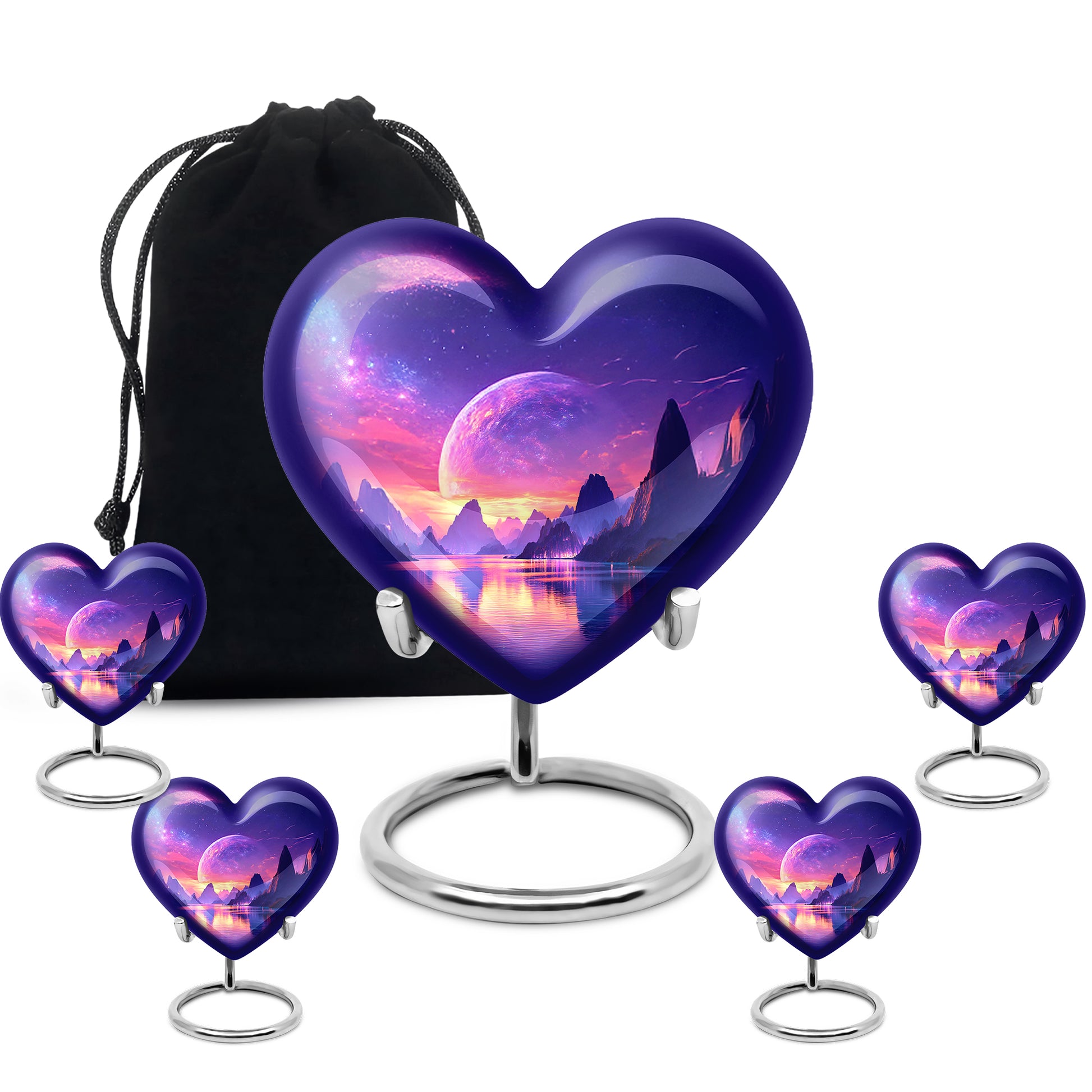 Navy Blue Galaxy Cremation Urn close-up of engraving and surface detail - loving heart memorial featuring galaxy pattern - memorial set with one large and four small urns