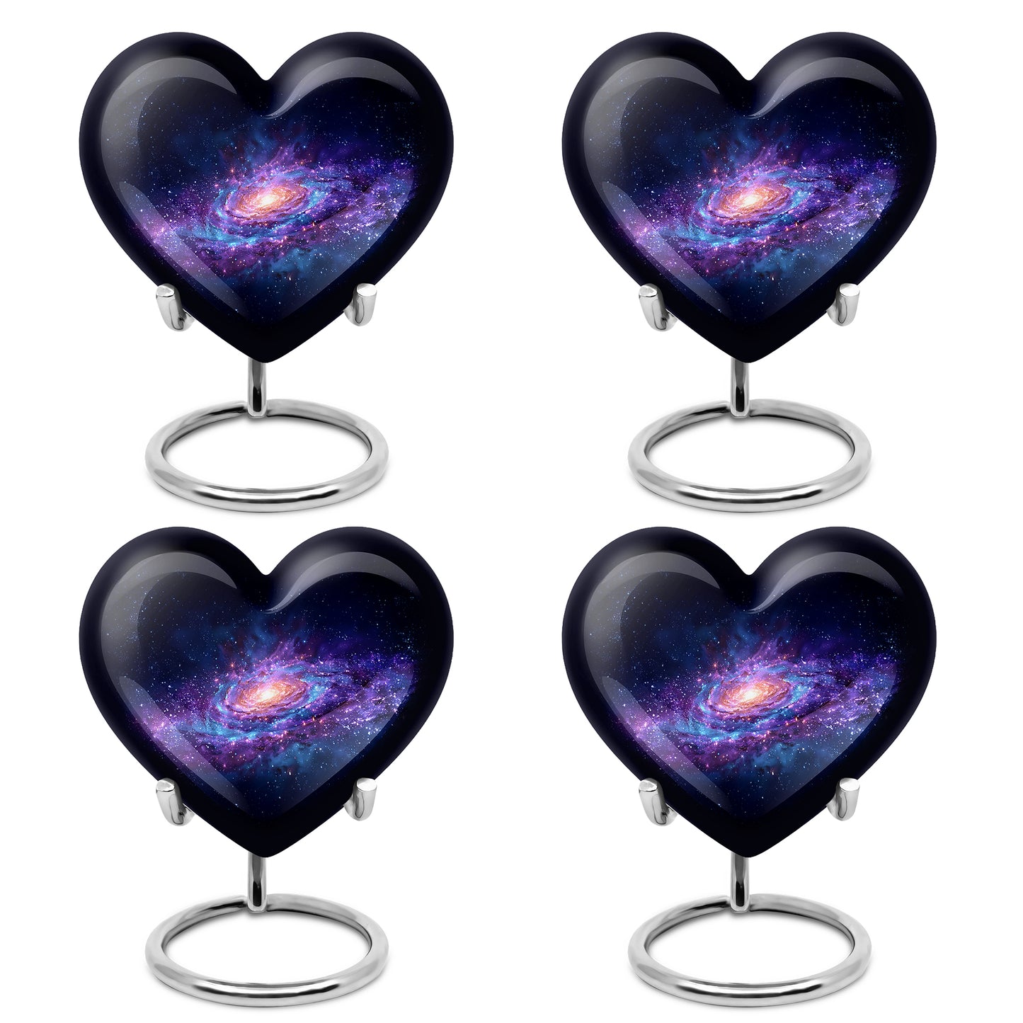 Calming Blue Galaxy Cremation Urn angled view of lid and engraved motif - romantic heart urn with galaxy motif on aluminum - 10 inch aluminum urn for cremated remains