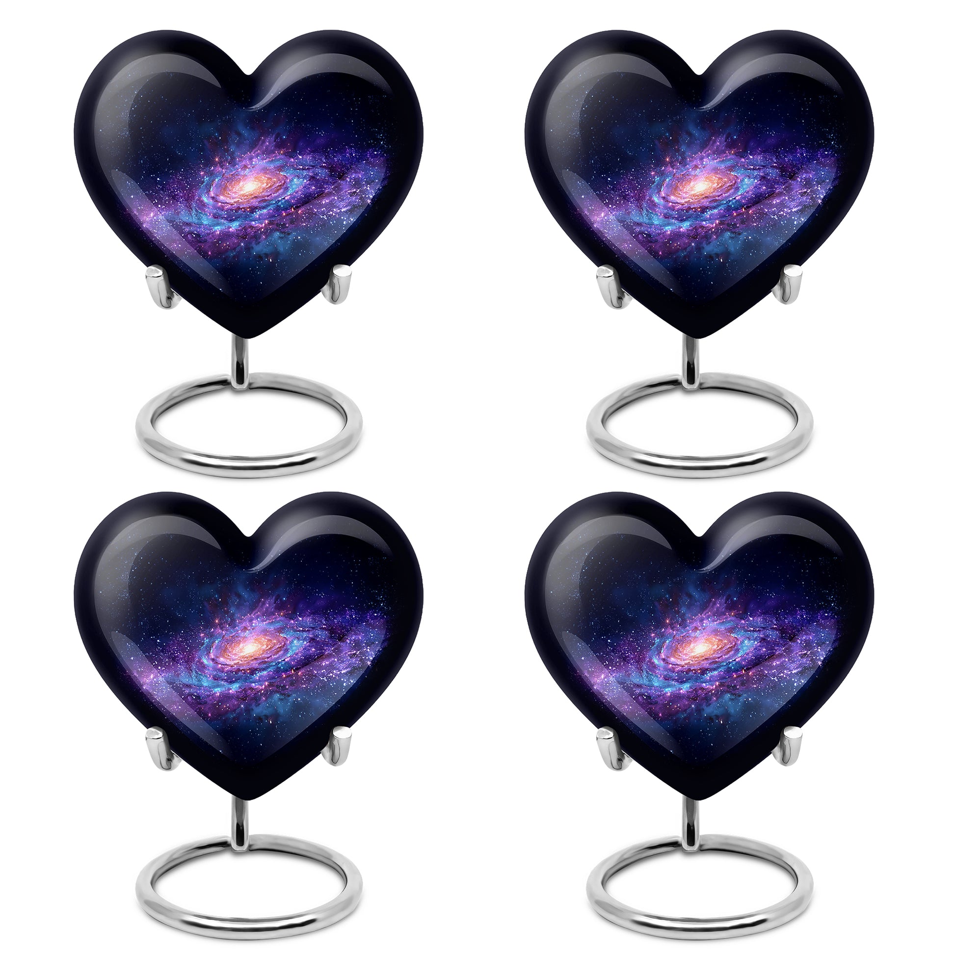Calming Blue Galaxy Cremation Urn angled view of lid and engraved motif - romantic heart urn with galaxy motif on aluminum - 10 inch aluminum urn for cremated remains