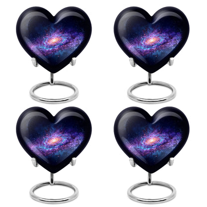 Calming Blue Galaxy Cremation Urn angled view of lid and engraved motif - romantic heart urn with galaxy motif on aluminum - 10 inch aluminum urn for cremated remains