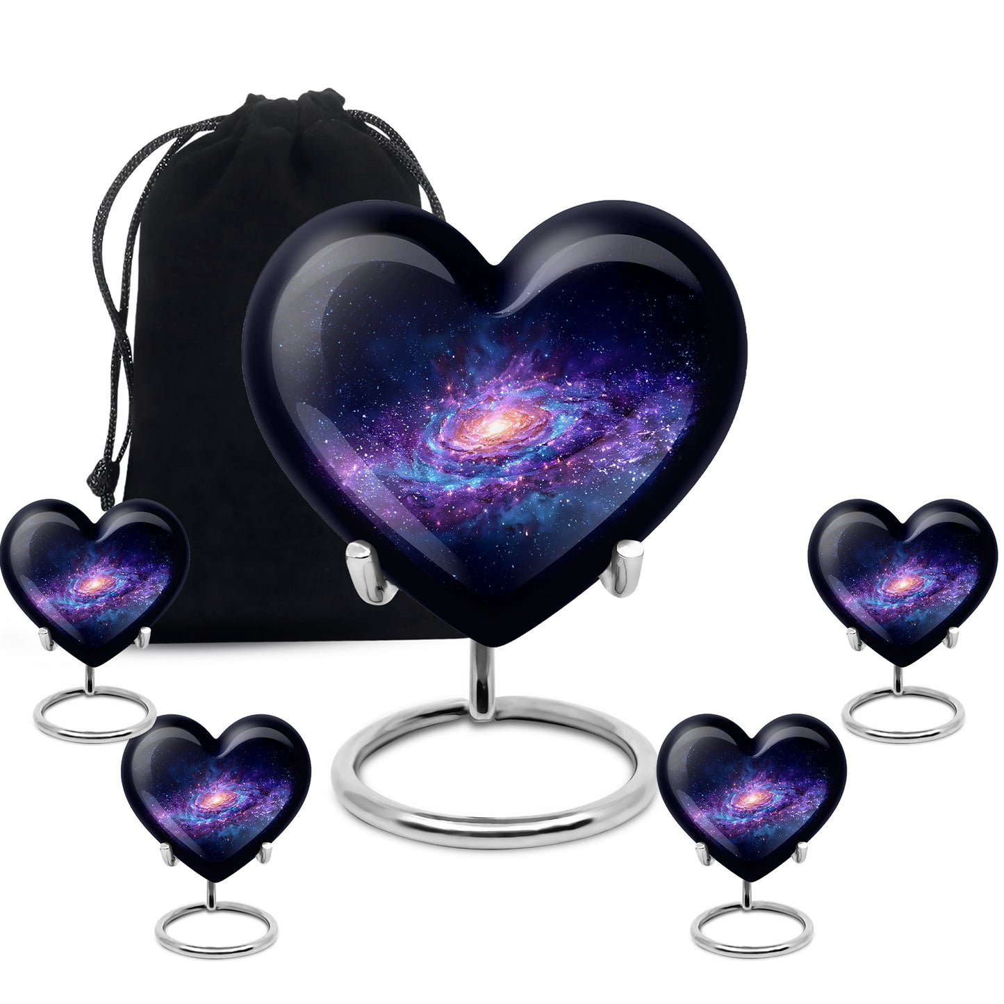 Calming Blue Galaxy Cremation Urn close-up of engraving and surface detail - romantic heart urn with galaxy motif on aluminum - memorial set with one large and four small urns