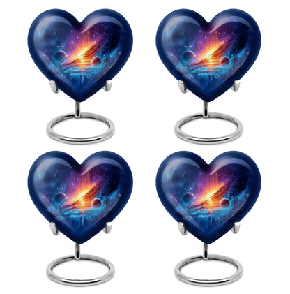 Bright Blue Galaxy Cremation Urn angled view of lid and engraved motif - compassionate heart-galaxy combination with gentle curves - 10 inch aluminum urn for cremated remains