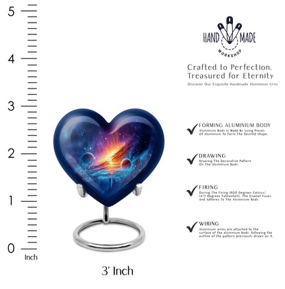 Misty Blue Galaxy Cremation Urn front view showing detailed design - heart-shaped galaxy design symbolizing eternal love - mini keepsake memorial for portion of cremation ashes