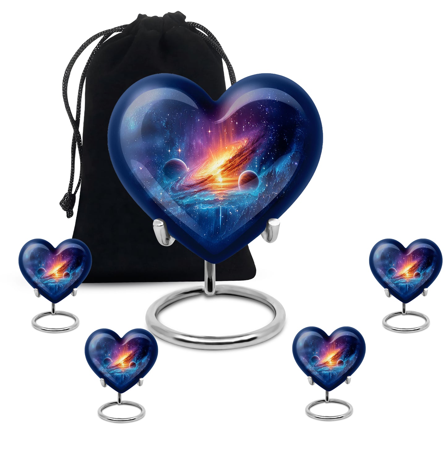 Pastel Blue Galaxy Cremation Urn close-up of engraving and surface detail - heart-shaped galaxy design symbolizing eternal love - memorial set with one large and four small urns