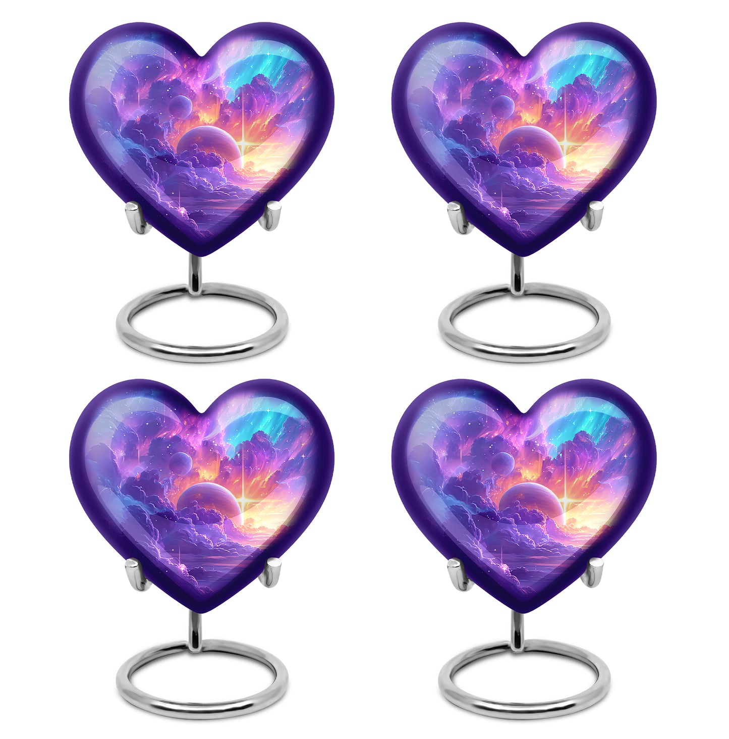 Violet Purple Galaxy Cremation Urn angled view of lid and engraved motif - compassionate heart-galaxy combination with gentle curves - 10 inch aluminum urn for cremated remains