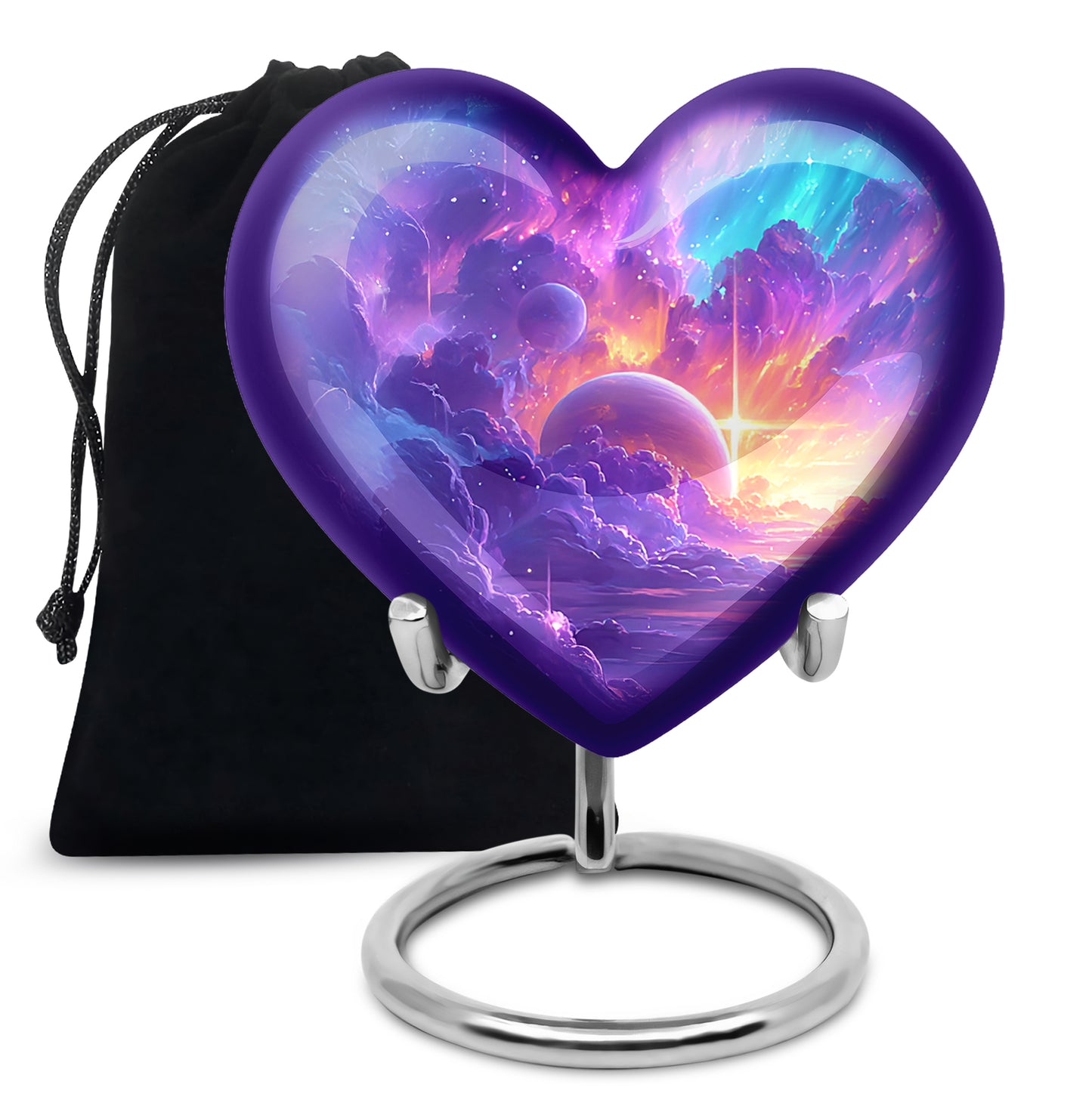 Orchid Purple Galaxy Cremation Urn detail view - loving heart memorial featuring galaxy pattern - full-size 10 inch 200 cubic inch adult cremation urn