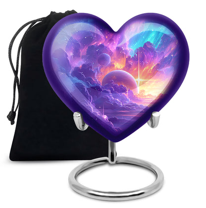 Orchid Purple Galaxy Cremation Urn detail view - loving heart memorial featuring galaxy pattern - full-size 10 inch 200 cubic inch adult cremation urn