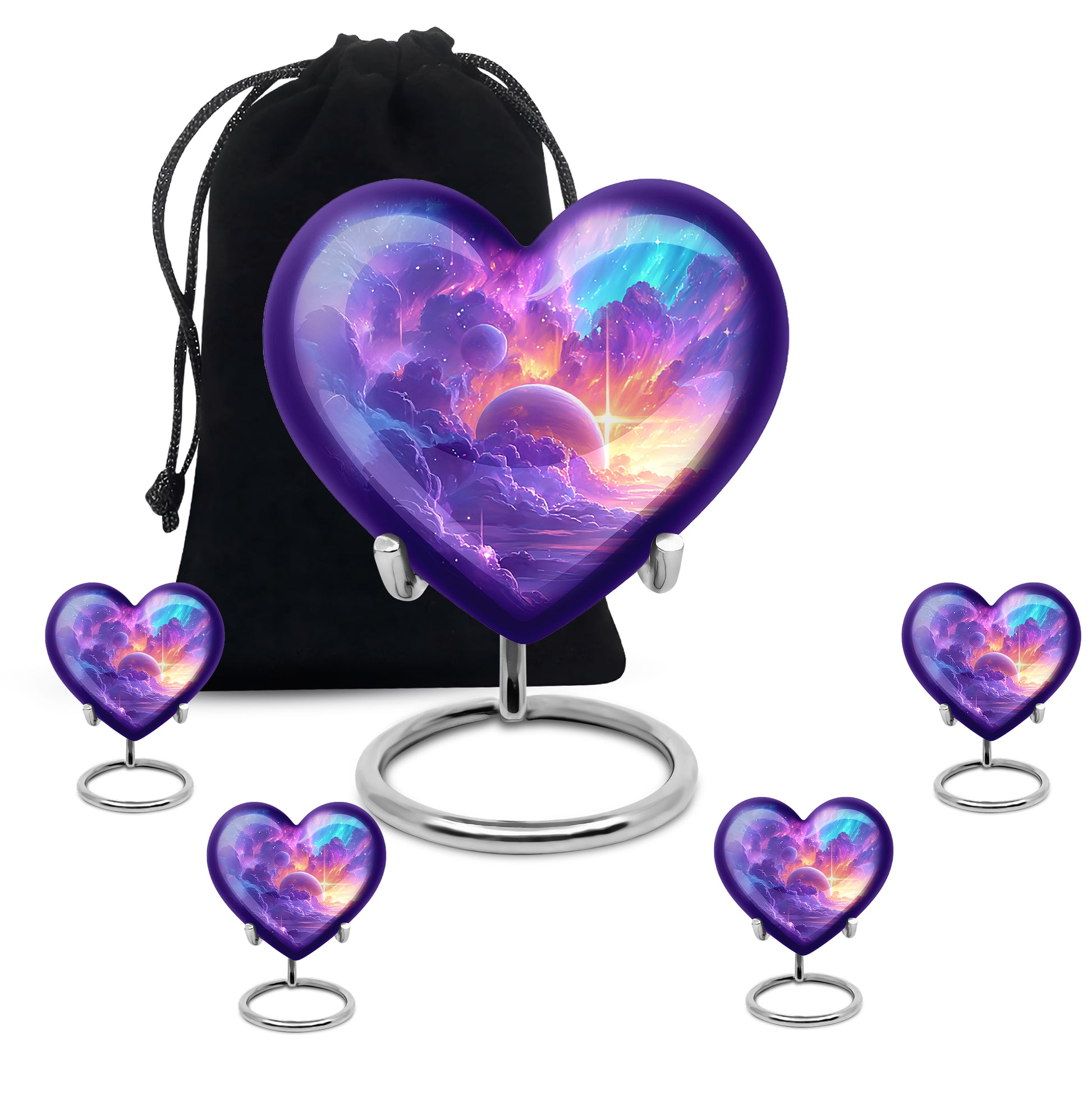 Grape Purple Galaxy Cremation Urn close-up of engraving and surface detail - romantic heart urn with galaxy motif on aluminum - memorial set with one large and four small urns