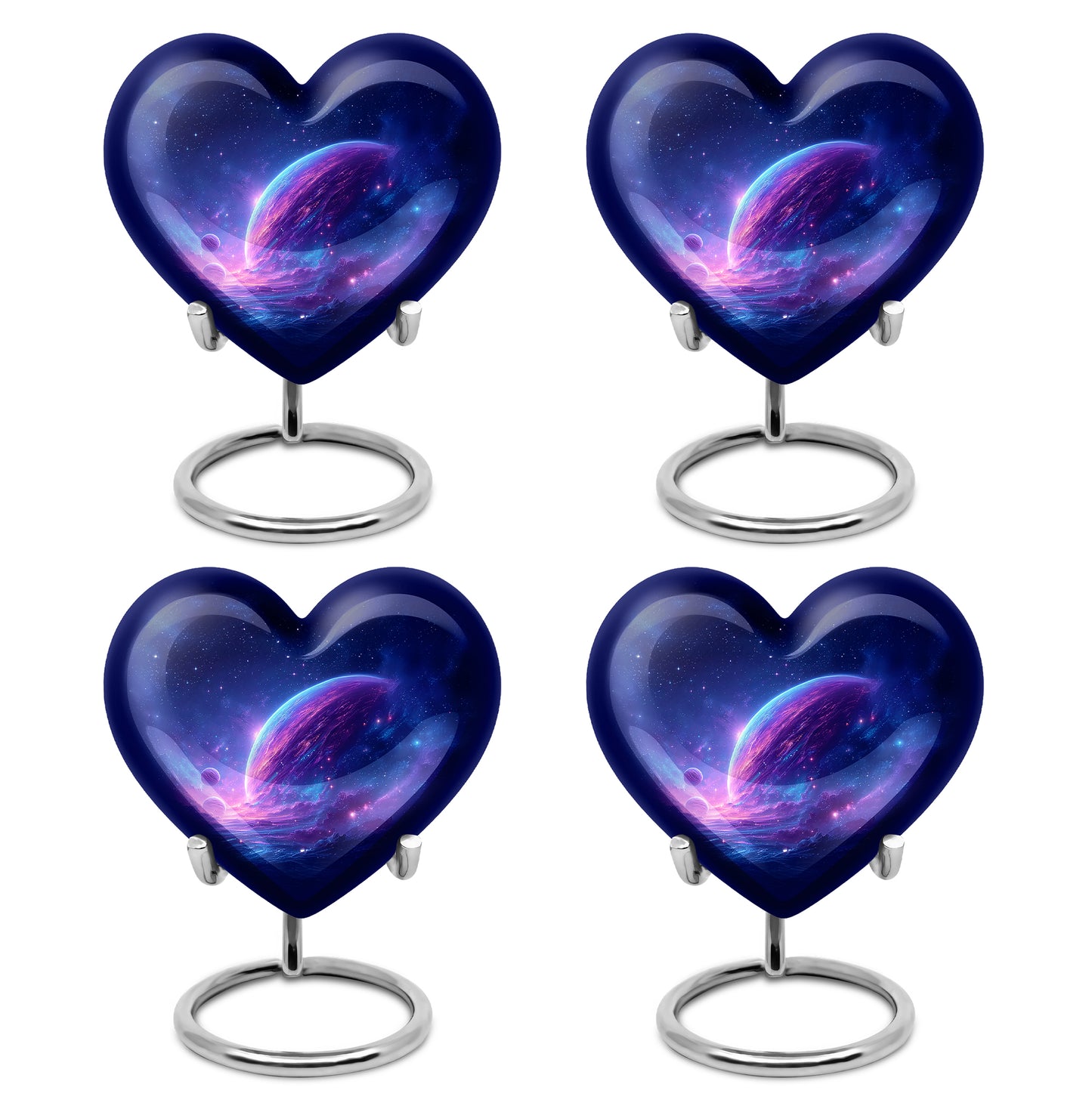 Royal Blue Galaxy Cremation Urn angled view of lid and engraved motif - compassionate heart-galaxy combination with gentle curves - 10 inch aluminum urn for cremated remains