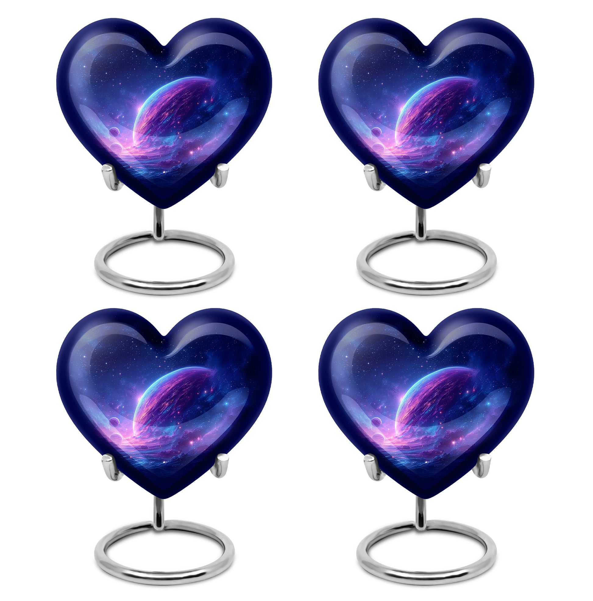 Royal Blue Galaxy Cremation Urn angled view of lid and engraved motif - compassionate heart-galaxy combination with gentle curves - 10 inch aluminum urn for cremated remains