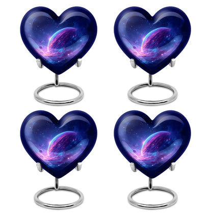 Royal Blue Galaxy Cremation Urn angled view of lid and engraved motif - compassionate heart-galaxy combination with gentle curves - 10 inch aluminum urn for cremated remains