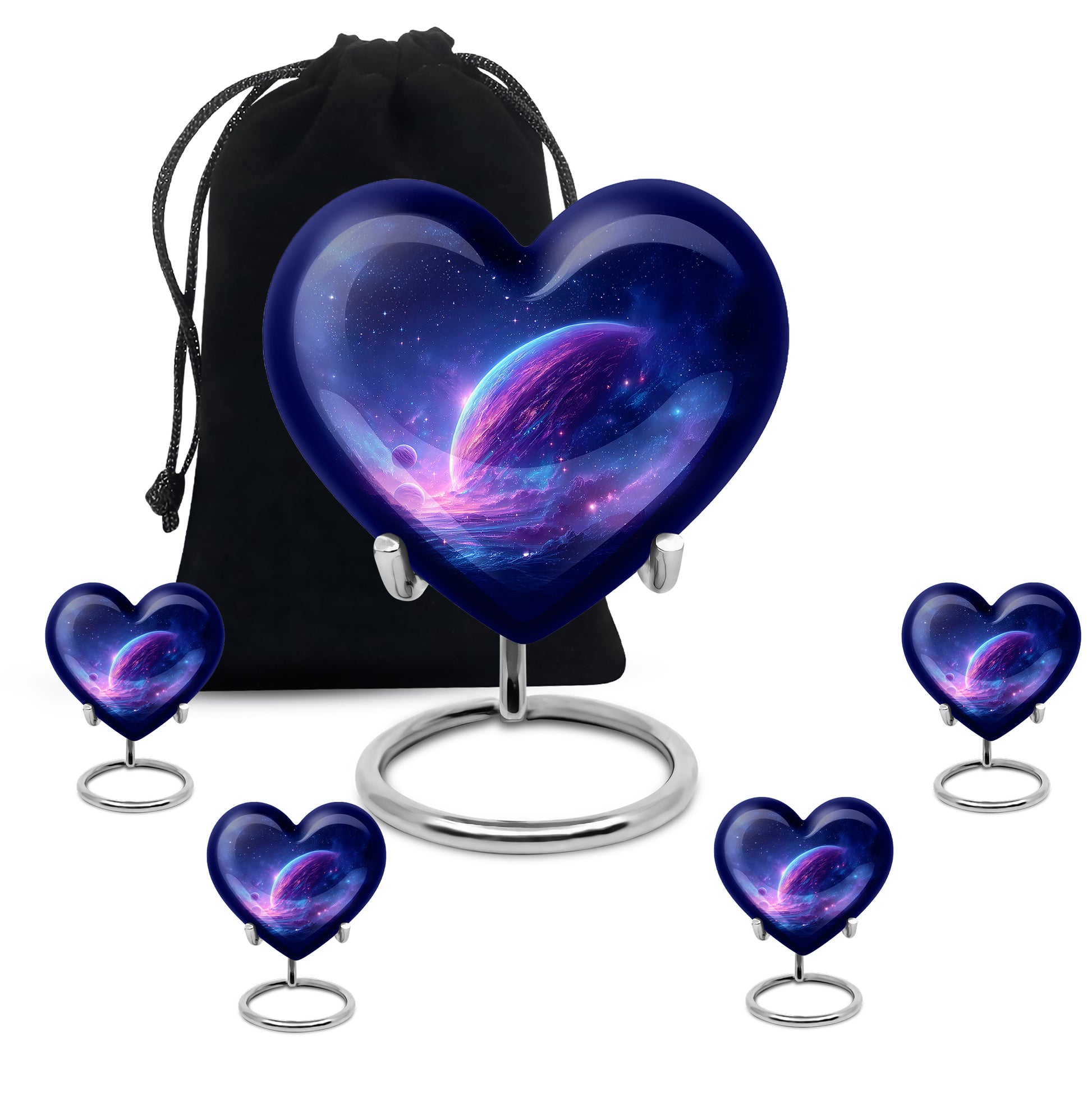 Cornflower Blue Galaxy Cremation Urn close-up of engraving and surface detail - compassionate heart-galaxy combination with gentle curves - memorial set with one large and four small urns