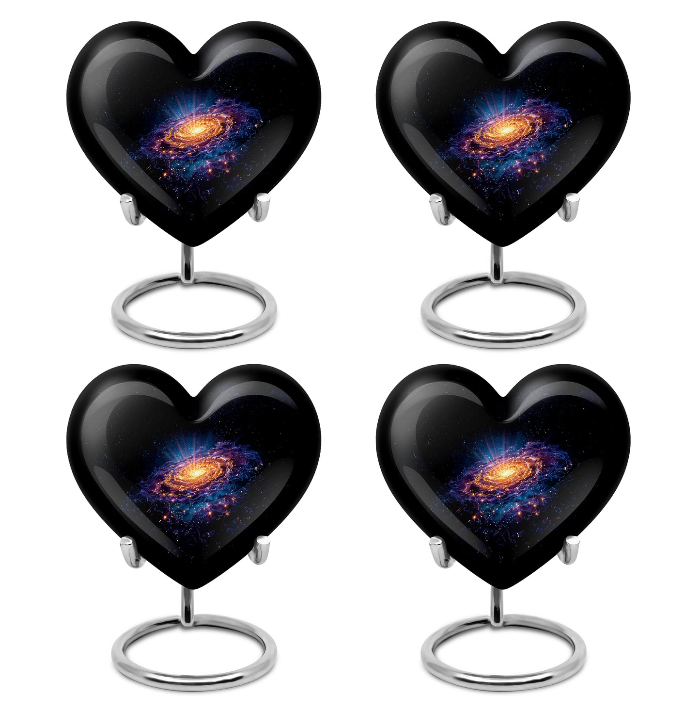 Charcoal Black Galaxy Cremation Urn angled view of lid and engraved motif - romantic heart urn with galaxy motif on aluminum - 10 inch aluminum urn for cremated remains