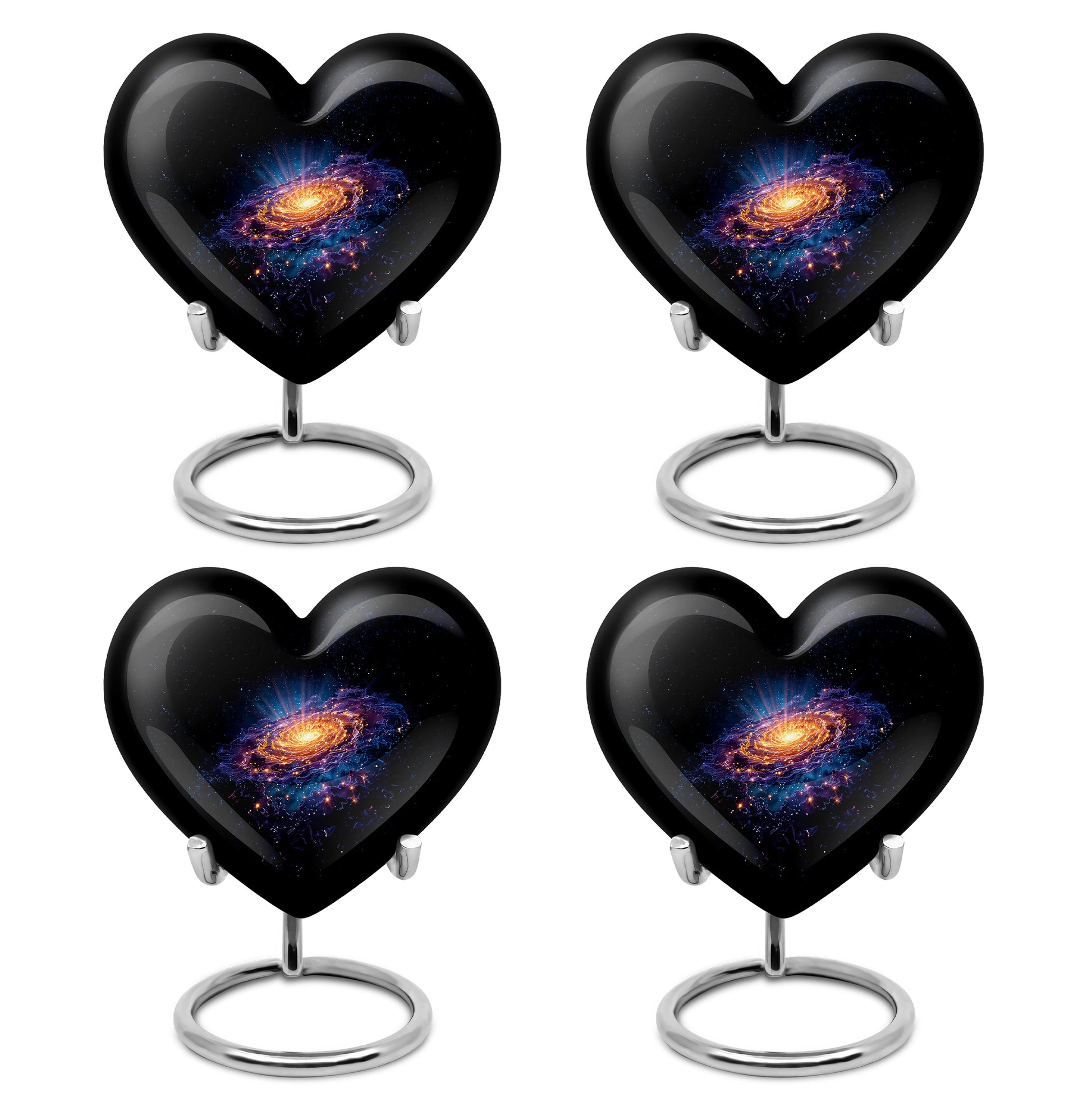 Charcoal Black Galaxy Cremation Urn angled view of lid and engraved motif - romantic heart urn with galaxy motif on aluminum - 10 inch aluminum urn for cremated remains
