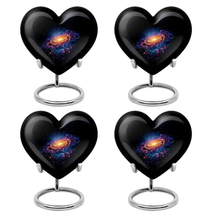 Charcoal Black Galaxy Cremation Urn angled view of lid and engraved motif - romantic heart urn with galaxy motif on aluminum - 10 inch aluminum urn for cremated remains