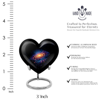 Obsidian Black Galaxy Cremation Urn front view showing detailed design - romantic heart urn with galaxy motif on aluminum - mini keepsake memorial for portion of cremation ashes