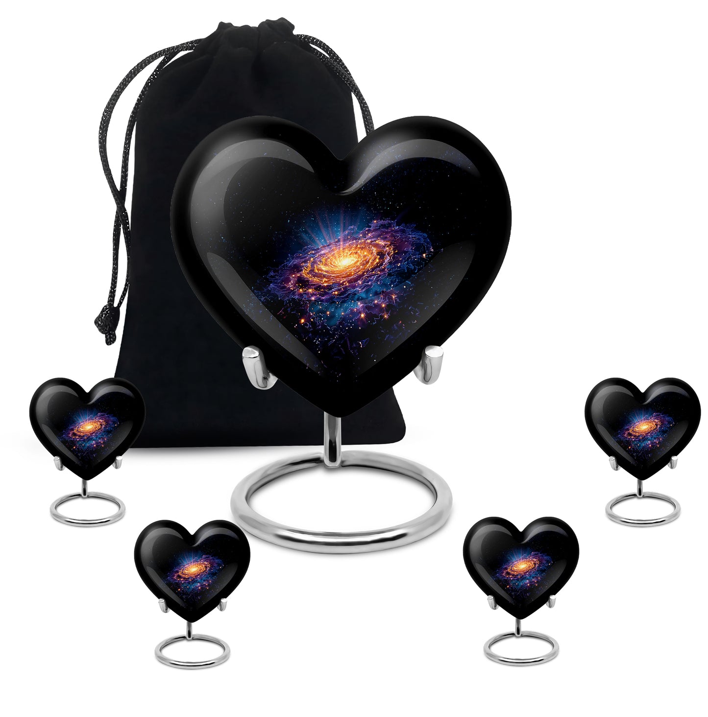 Charcoal Black Galaxy Cremation Urn close-up of engraving and surface detail - romantic heart urn with galaxy motif on aluminum - memorial set with one large and four small urns