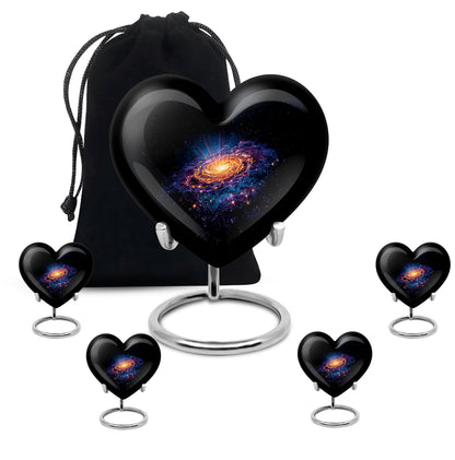 Charcoal Black Galaxy Cremation Urn close-up of engraving and surface detail - romantic heart urn with galaxy motif on aluminum - memorial set with one large and four small urns