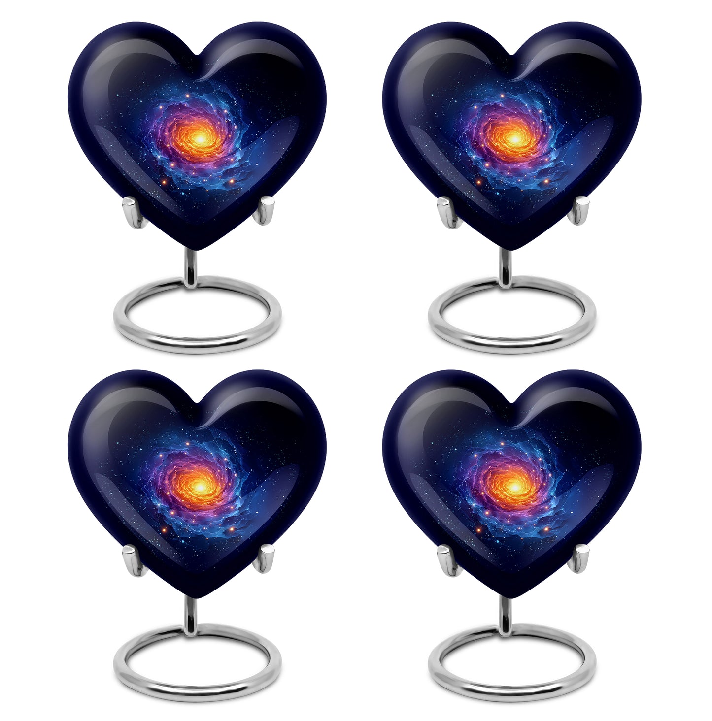 Bright Blue Galaxy Cremation Urn angled view of lid and engraved motif - romantic heart urn with galaxy motif on aluminum - 10 inch aluminum urn for cremated remains
