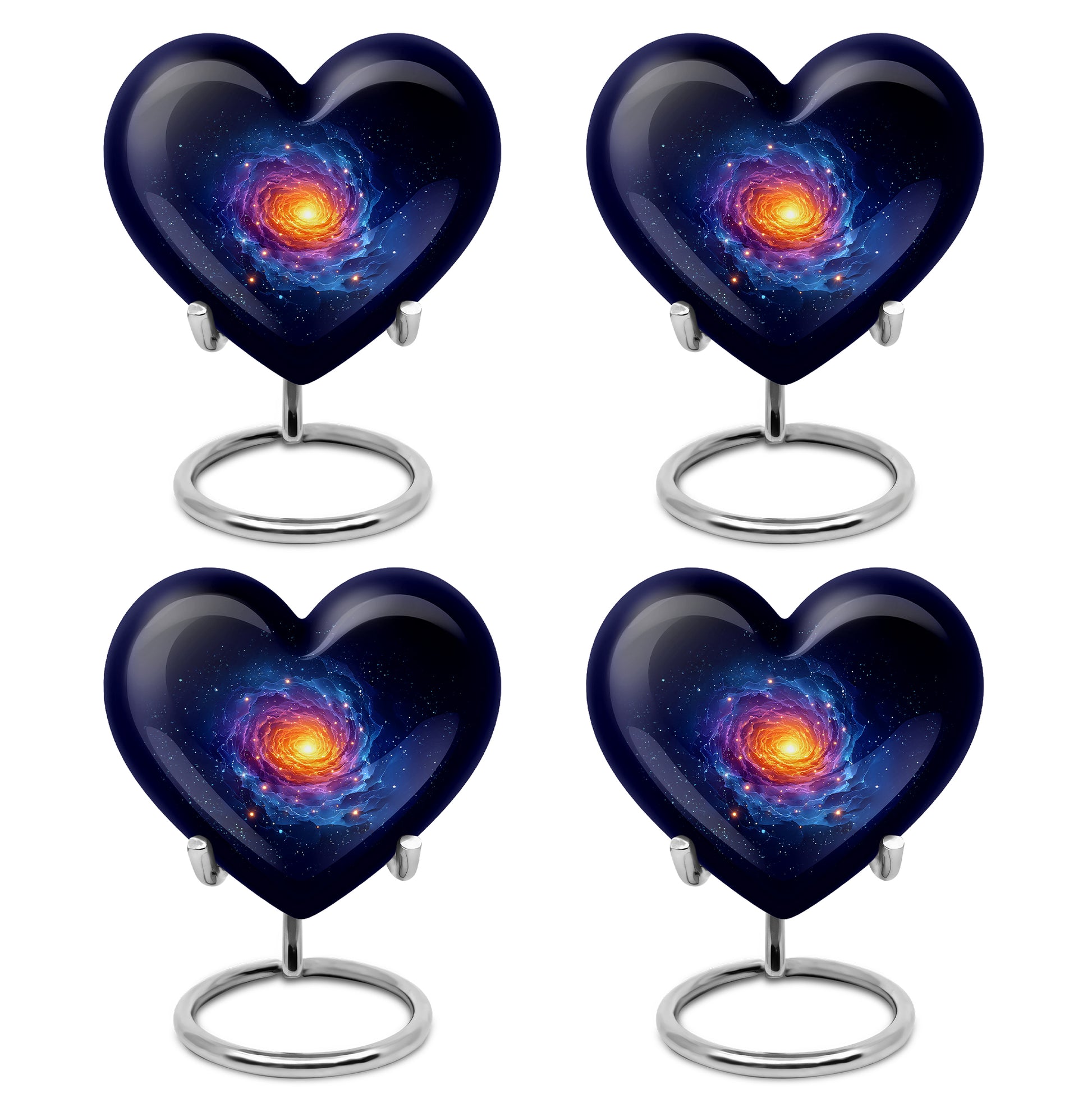 Bright Blue Galaxy Cremation Urn angled view of lid and engraved motif - romantic heart urn with galaxy motif on aluminum - 10 inch aluminum urn for cremated remains