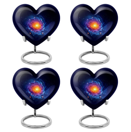 Bright Blue Galaxy Cremation Urn angled view of lid and engraved motif - romantic heart urn with galaxy motif on aluminum - 10 inch aluminum urn for cremated remains