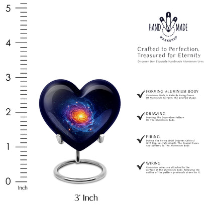 Bright Blue Galaxy Cremation Urn front view showing detailed design - compassionate heart-galaxy combination with gentle curves - mini keepsake memorial for portion of cremation ashes
