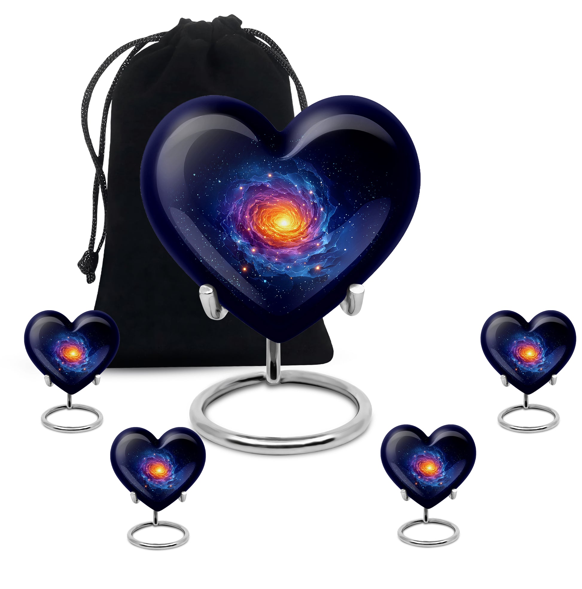 Dusty Blue Galaxy Cremation Urn close-up of engraving and surface detail - heart-shaped galaxy design symbolizing eternal love - memorial set with one large and four small urns