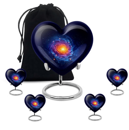 Dusty Blue Galaxy Cremation Urn close-up of engraving and surface detail - heart-shaped galaxy design symbolizing eternal love - memorial set with one large and four small urns