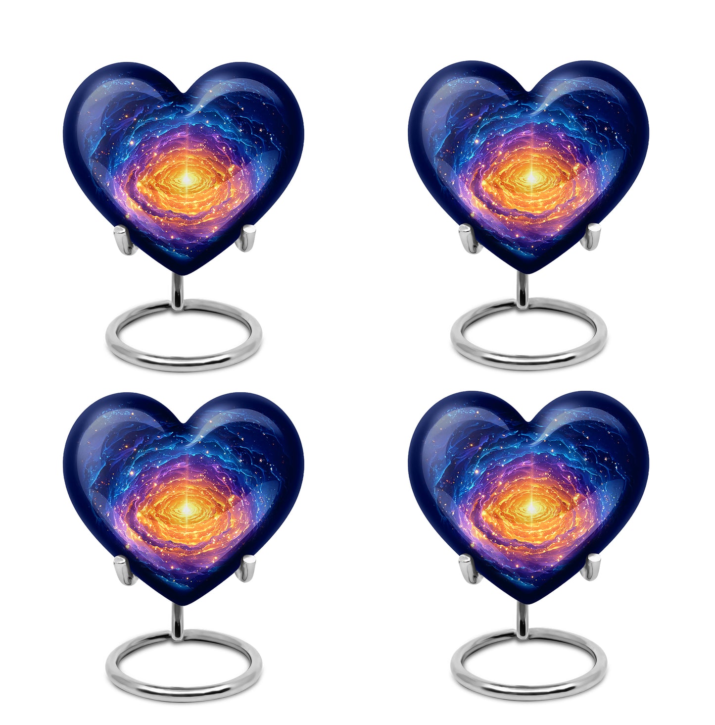 Pastel Blue Galaxy Cremation Urn angled view of lid and engraved motif - loving heart memorial featuring galaxy pattern - 10 inch aluminum urn for cremated remains