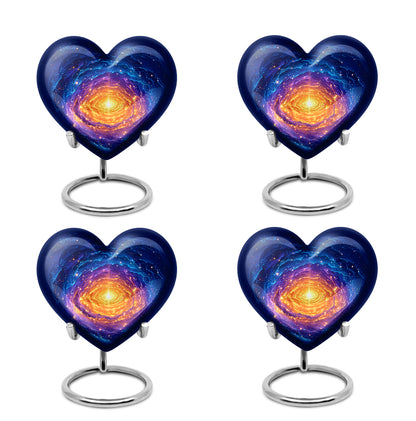 Pastel Blue Galaxy Cremation Urn angled view of lid and engraved motif - loving heart memorial featuring galaxy pattern - 10 inch aluminum urn for cremated remains