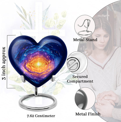 Misty Blue Galaxy Cremation Urn front view showing detailed design - heart-shaped galaxy design symbolizing eternal love - mini keepsake memorial for portion of cremation ashes
