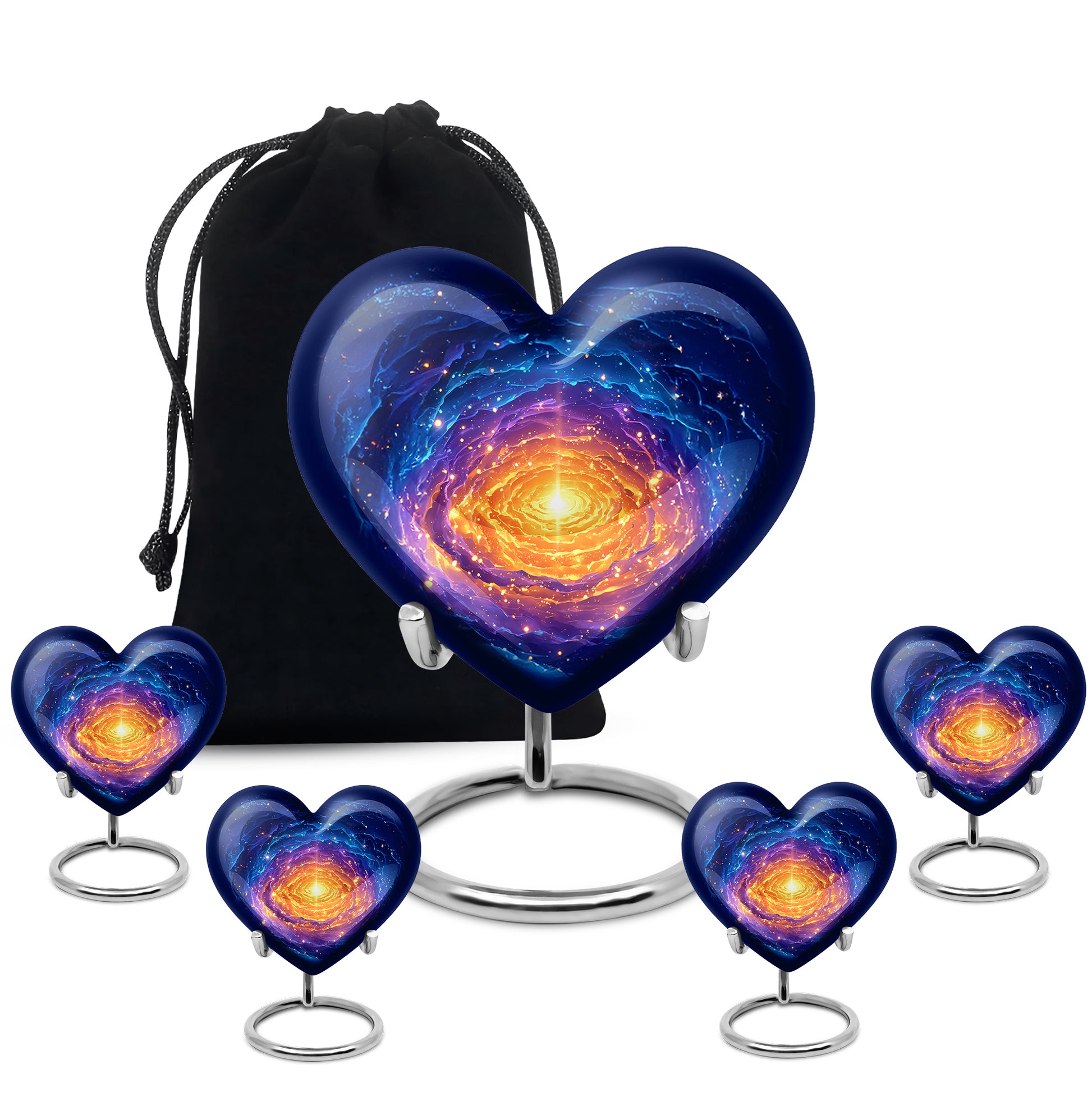 Indigo Galaxy Cremation Urn close-up of engraving and surface detail - heart-shaped galaxy design symbolizing eternal love - memorial set with one large and four small urns