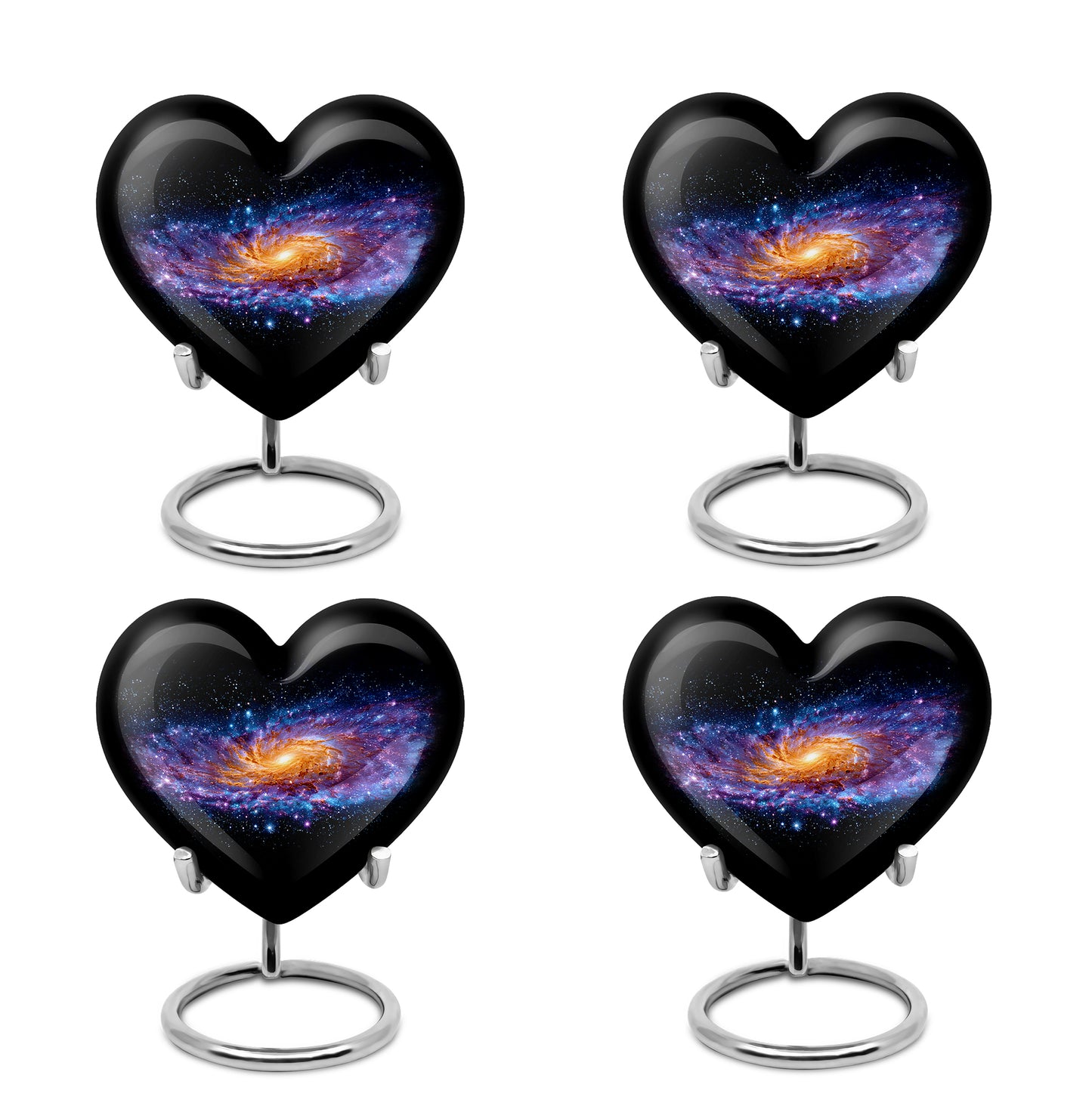 Glossy Black Galaxy Cremation Urn angled view of lid and engraved motif - heart-shaped galaxy design symbolizing eternal love - 10 inch aluminum urn for cremated remains
