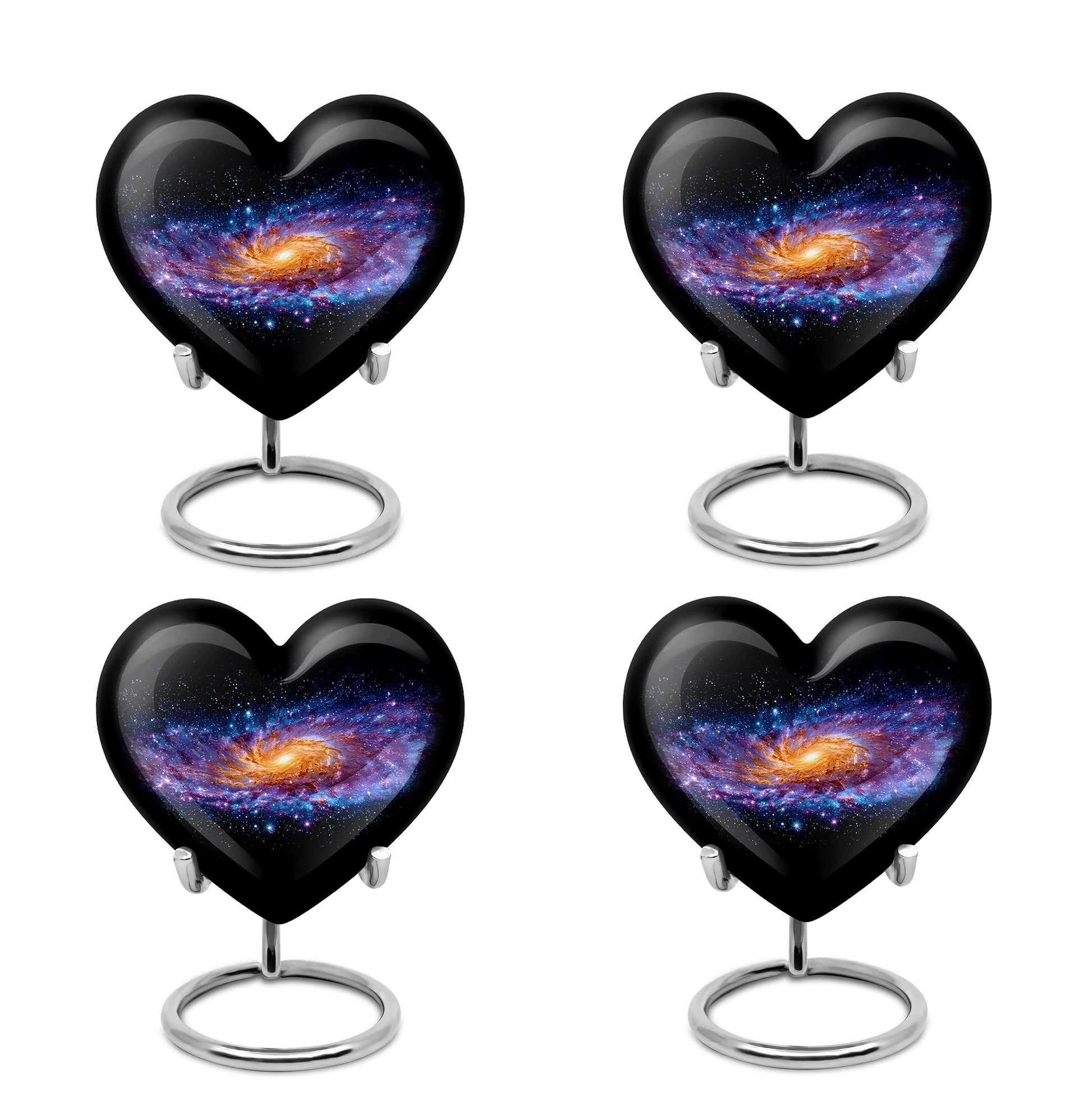 Glossy Black Galaxy Cremation Urn angled view of lid and engraved motif - heart-shaped galaxy design symbolizing eternal love - 10 inch aluminum urn for cremated remains