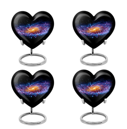Glossy Black Galaxy Cremation Urn angled view of lid and engraved motif - heart-shaped galaxy design symbolizing eternal love - 10 inch aluminum urn for cremated remains