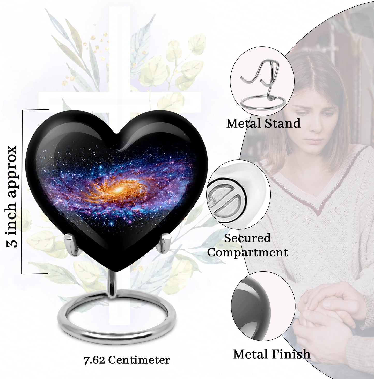 Midnight Black Galaxy Cremation Urn front view showing detailed design - compassionate heart-galaxy combination with gentle curves - mini keepsake memorial for portion of cremation ashes