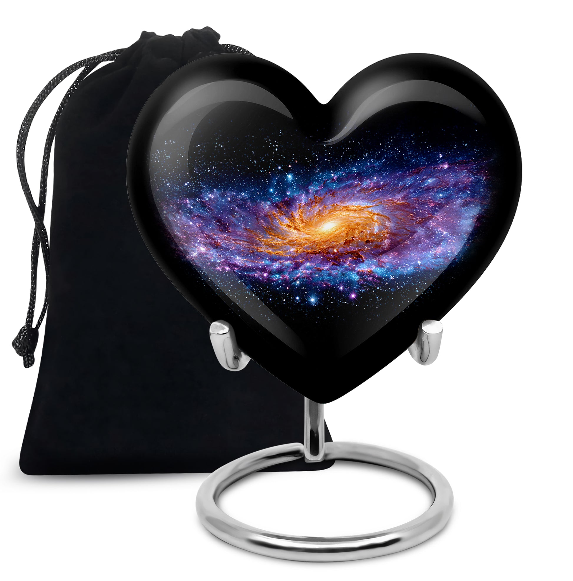 Midnight Black Galaxy Cremation Urn detail view - compassionate heart-galaxy combination with gentle curves - full-size 10 inch 200 cubic inch adult cremation urn