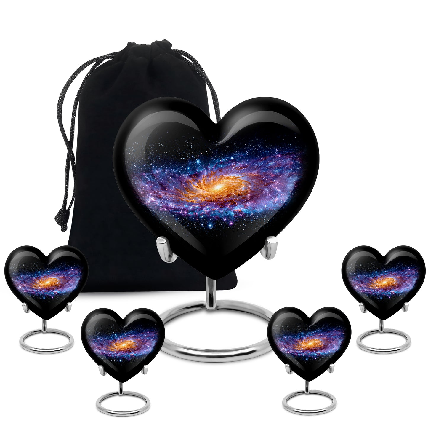 Jet Black Galaxy Cremation Urn close-up of engraving and surface detail - heart-shaped galaxy design symbolizing eternal love - memorial set with one large and four small urns