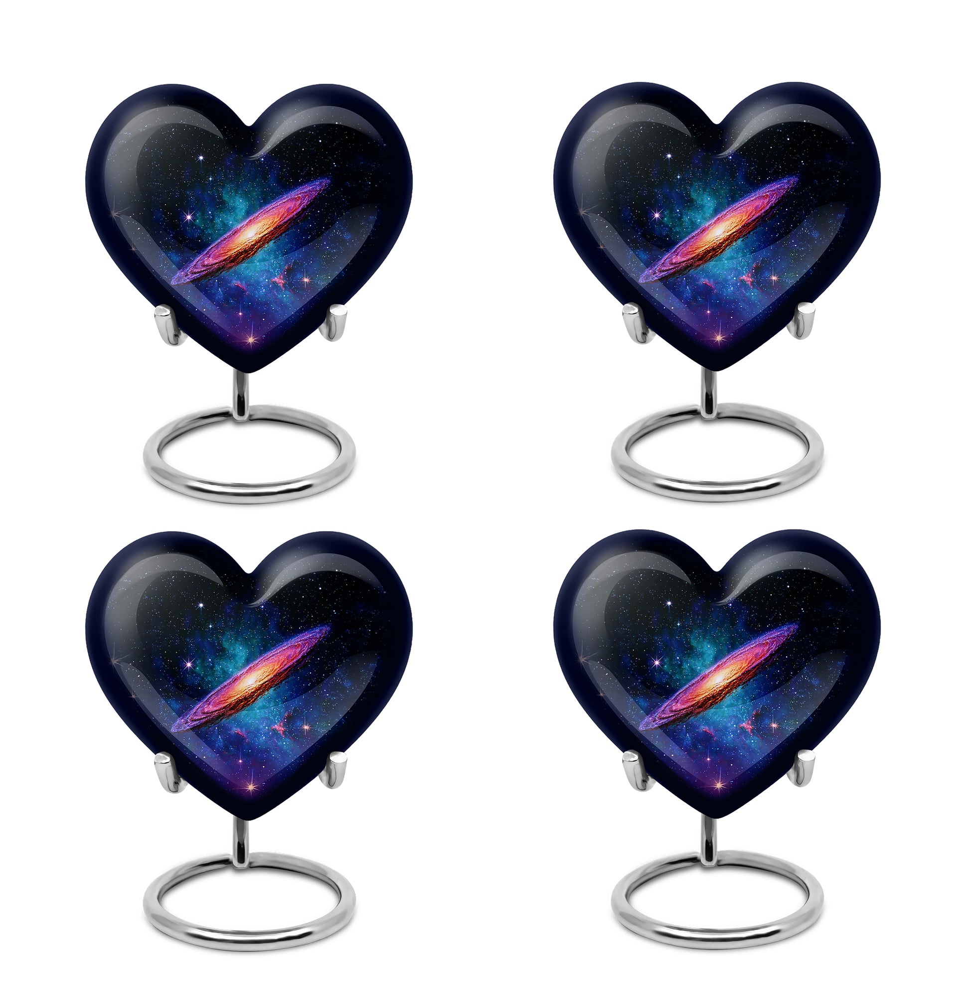 Midnight Black Galaxy Cremation Urn angled view of lid and engraved motif - compassionate heart-galaxy combination with gentle curves - 10 inch aluminum urn for cremated remains