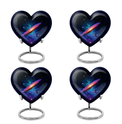 Midnight Black Galaxy Cremation Urn angled view of lid and engraved motif - compassionate heart-galaxy combination with gentle curves - 10 inch aluminum urn for cremated remains