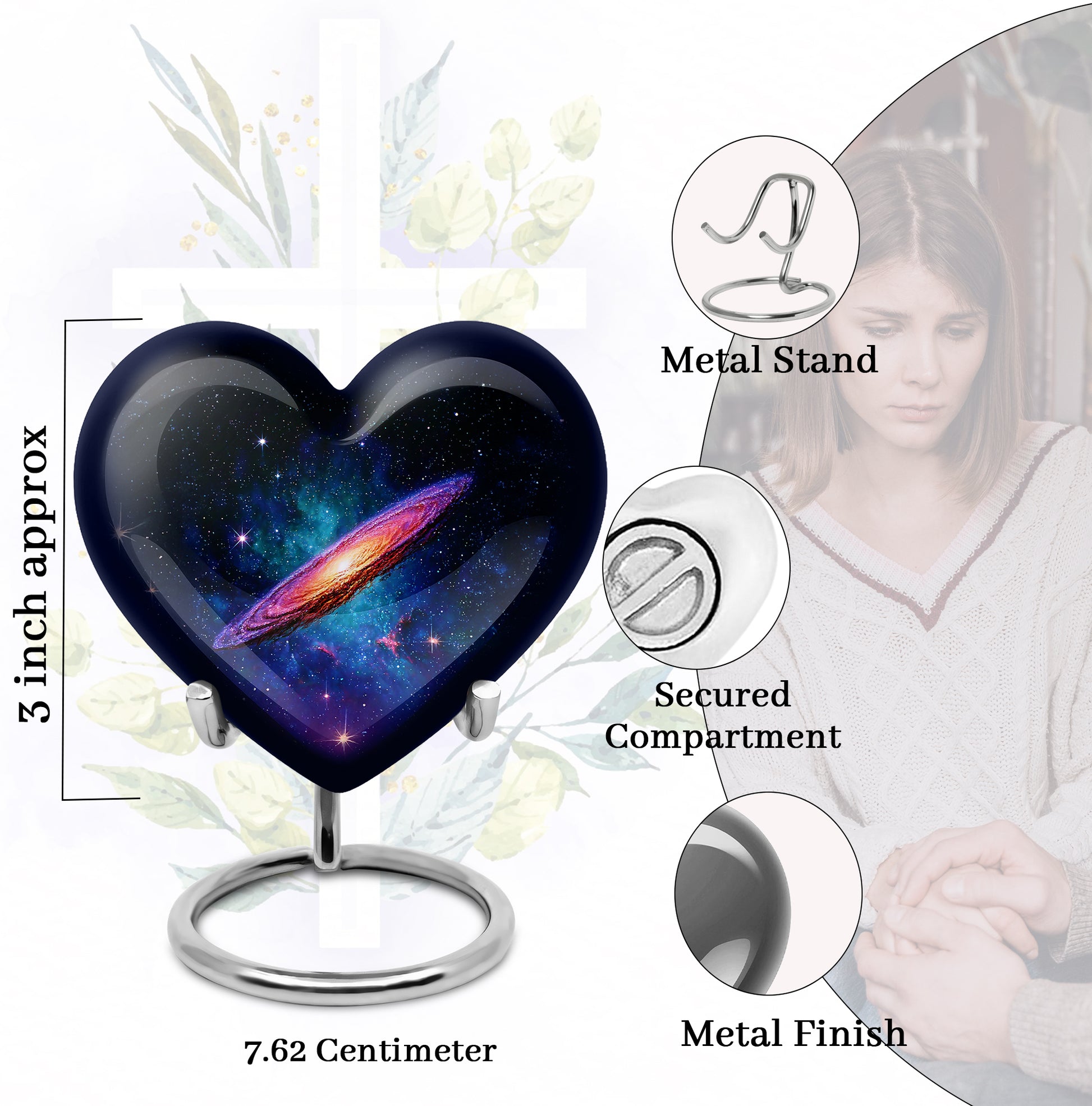 Midnight Black Galaxy Cremation Urn front view showing detailed design - romantic heart urn with galaxy motif on aluminum - mini keepsake memorial for portion of cremation ashes